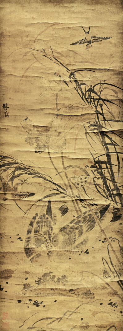 明_林良_荷塘集禽图轴_(7088×18970 – 300dpi)(图1)