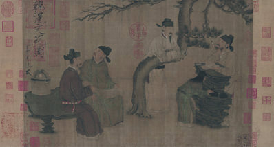 五代_周文矩_琉璃堂人物图绢本_(8316×4463 – 300dpi)(图1)