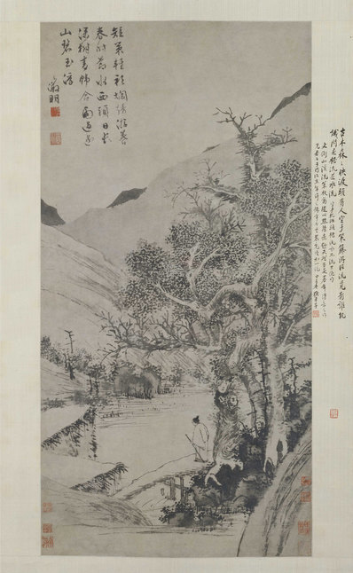 明_文徵明_溪桥策杖图轴纸_(5669×9200 – 300dpi)(图1)