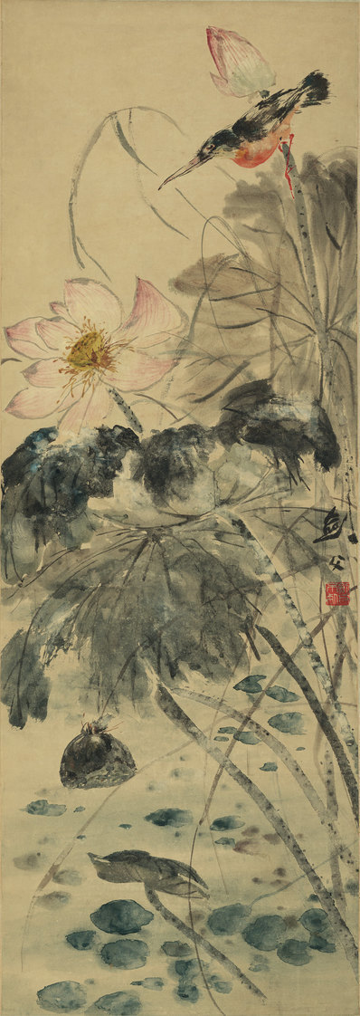 近代_高剑父_荷塘翠鸟图_纸本_(4010×11304 – 72dpi)(图1)
