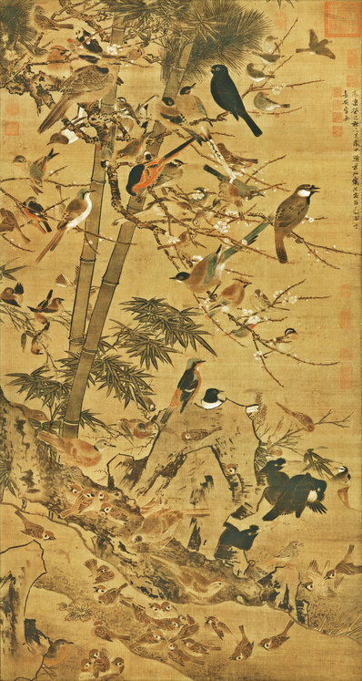 明_边景昭_三友百禽图绢本克利夫兰_绢_(9560×17953 – 300dpi)(图1)