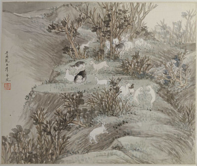 清_任熊_姚燮诗意图_册_第六开_平冈乱木群羊_(4461×3766 – 300dpi)(图1)