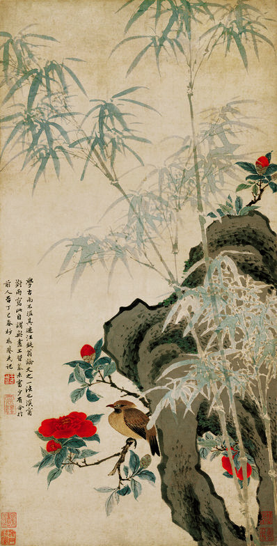 清_王武_花竹栖禽图_绢本(图1)