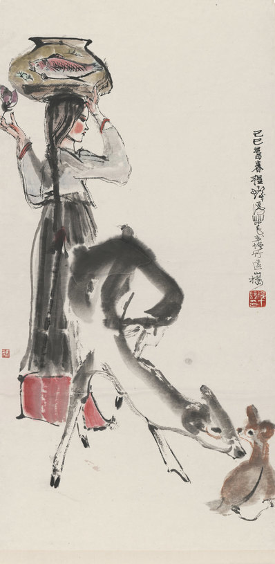 近代_程十发_少女双鹿图轴_(8016×16406 – 72dpi)(图1)