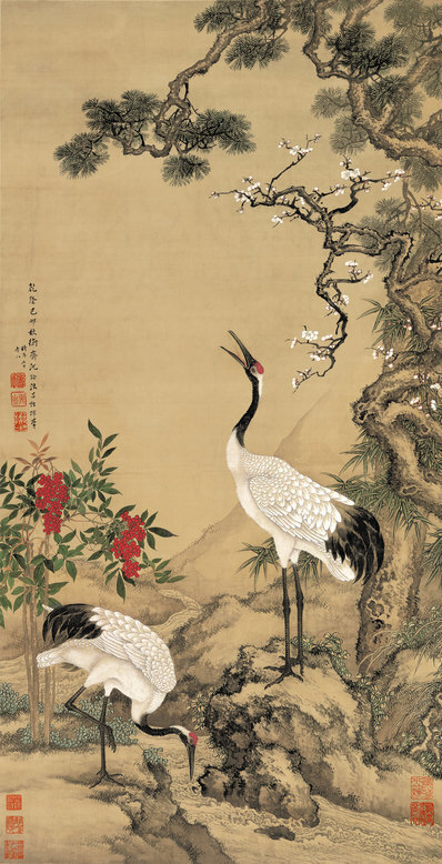 清_沈铨_松梅双鹤图_绢本(图1)