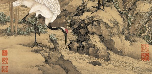清_沈铨_松梅双鹤图_绢本(图5)