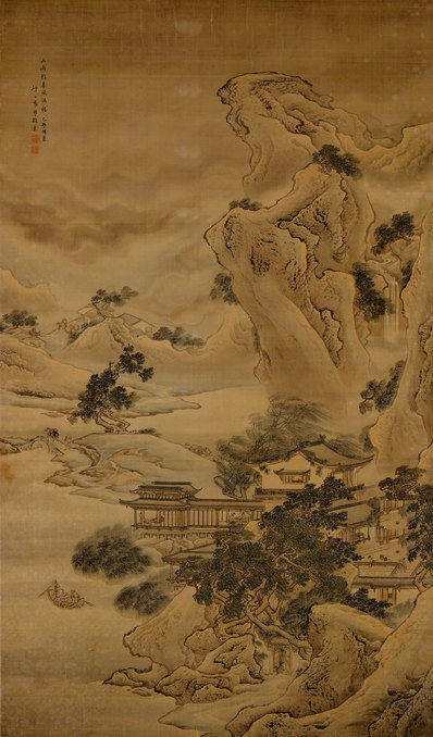 清_袁耀_山水楼阁图轴_(13999×23858 – 300dpi)(图1)