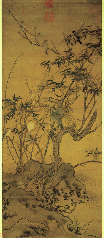 宋_佚名_梅竹聚禽图_绢本_(3500×8014 – 300dpi)(图1)