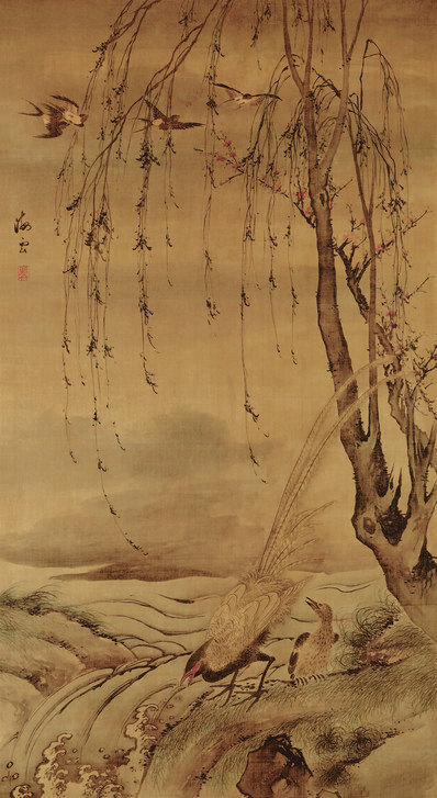 明_汪肇_柳禽白鹇立轴绢本_(9314×17022 – 300dpi)(图1)
