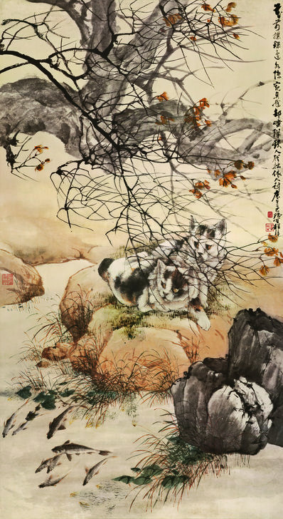 清_程璋_双猫窥鱼图_双猫_缩小版(图1)