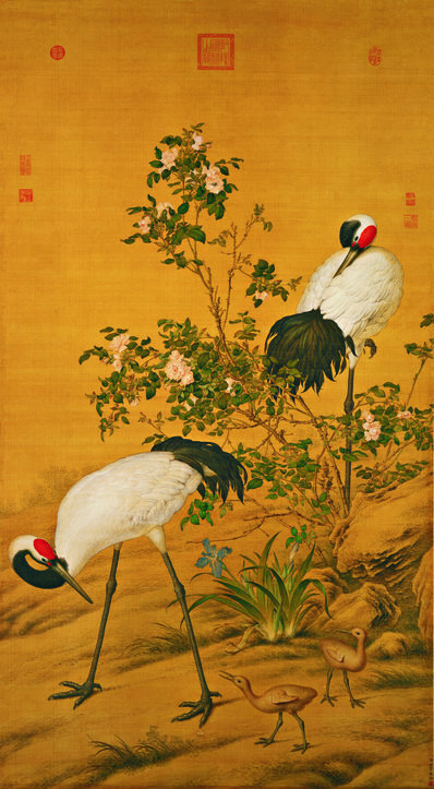 清_郎世宁_花卉双鹤图轴绢本_(11057×20079 – 300dpi)(图1)