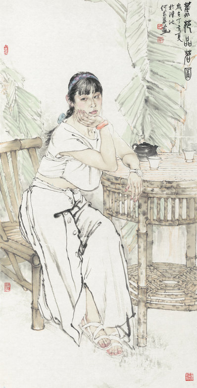 近代_何家英_蕉荫品茗_(4010×7889 – 72dpi)(图1)